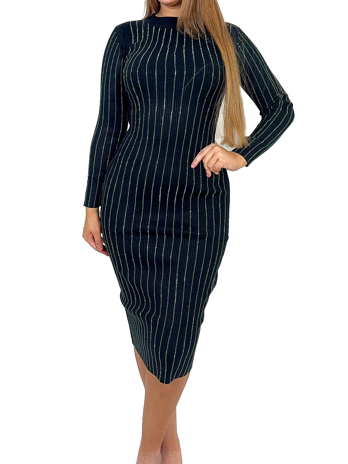 Diamante Stripe Long Sleeve Knitted Dress