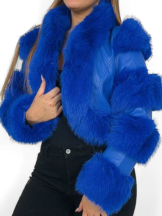 Faux Fur Trim PU Bolero Jacket