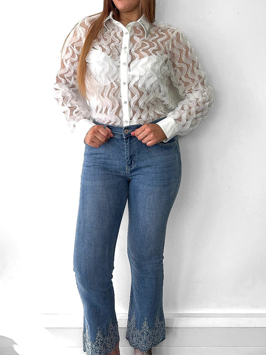 Scalloped Hem Embroidered Jeans