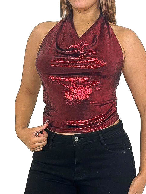 Cowl Neck Metallic Crop Top