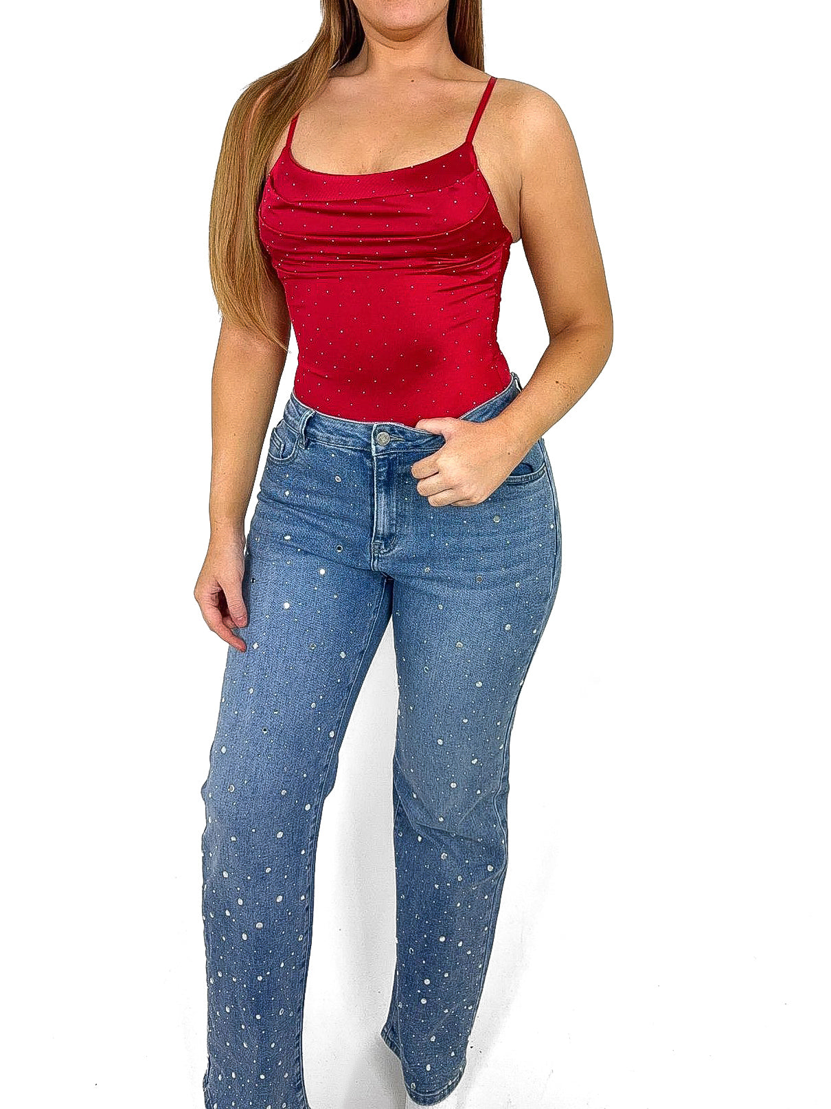 Mirror Diamante Front Wide Leg Jeans