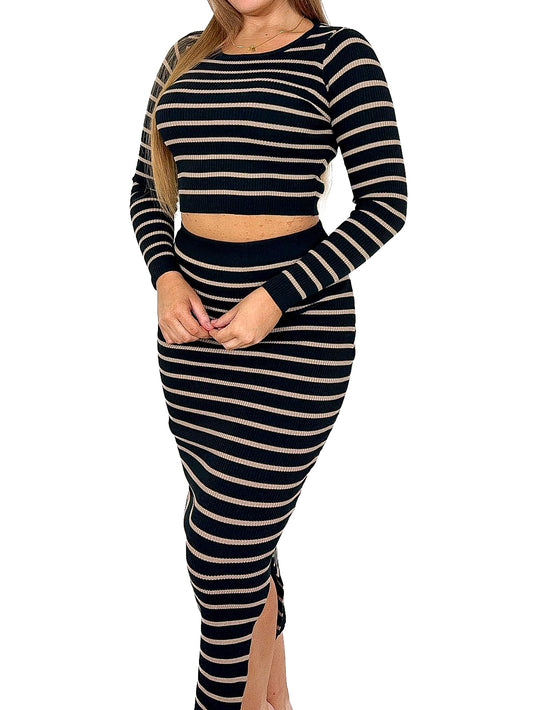 Striped Knitted Skirt Suit