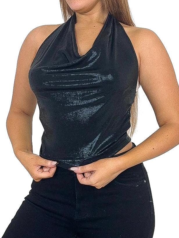 Cowl Neck Metallic Crop Top