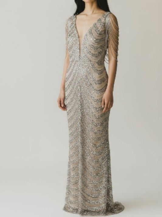 Beaded Shoulder Sequin Gown