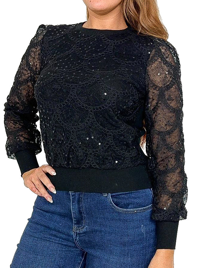 Lace Overlay Puff Sleeve Sweater