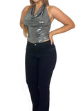Cowl Neck Metallic Crop Top