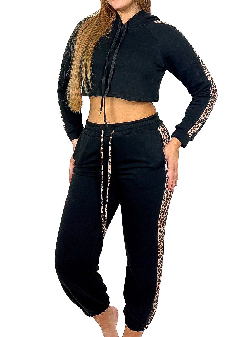 Leopard Trim Crop Hoodie Tracksuit