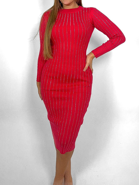 Diamante Stripe Long Sleeve Knitted Dress