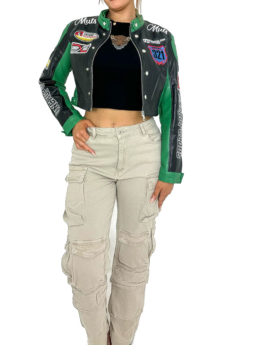 Cropped PU Racer Jacket