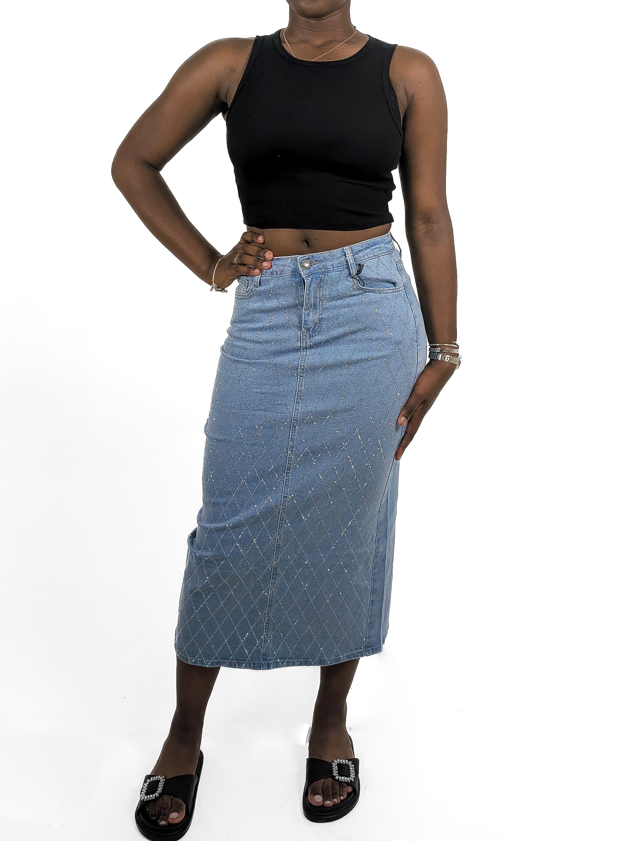 Criss Cross Diamante Denim Skirt