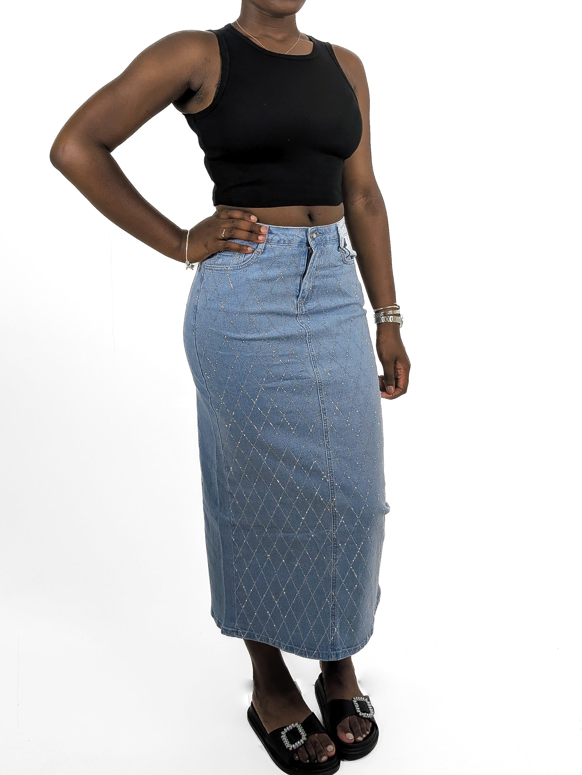 Criss Cross Diamante Denim Skirt