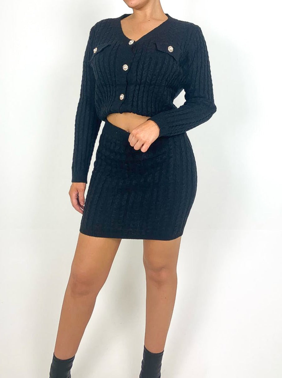 Cable Knit Button Detail Skirt Suit