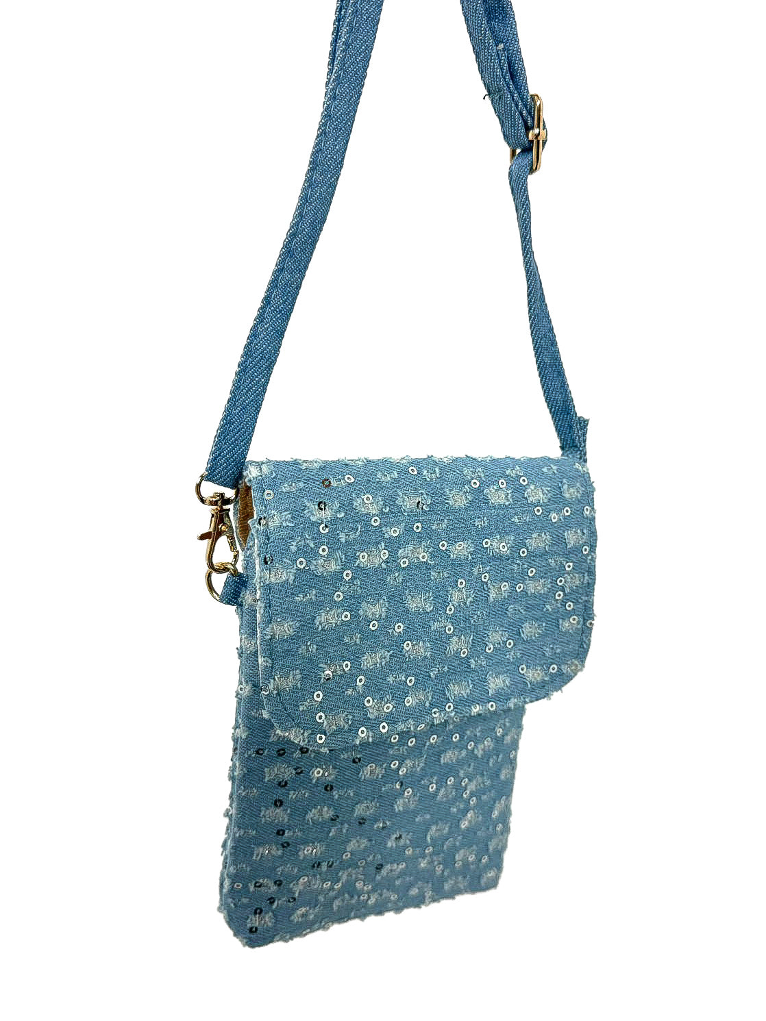 Glitter Detail Distressed Denim Phone Bag