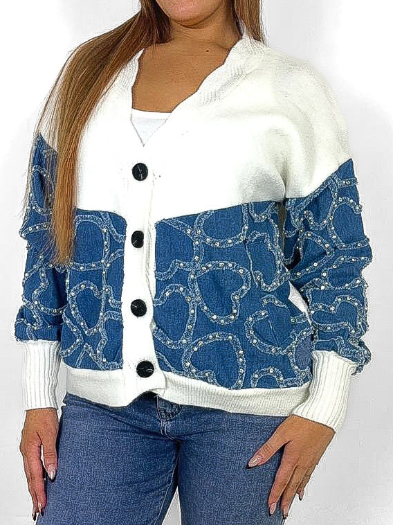 Oversized Denim Heart Detail Cardigan