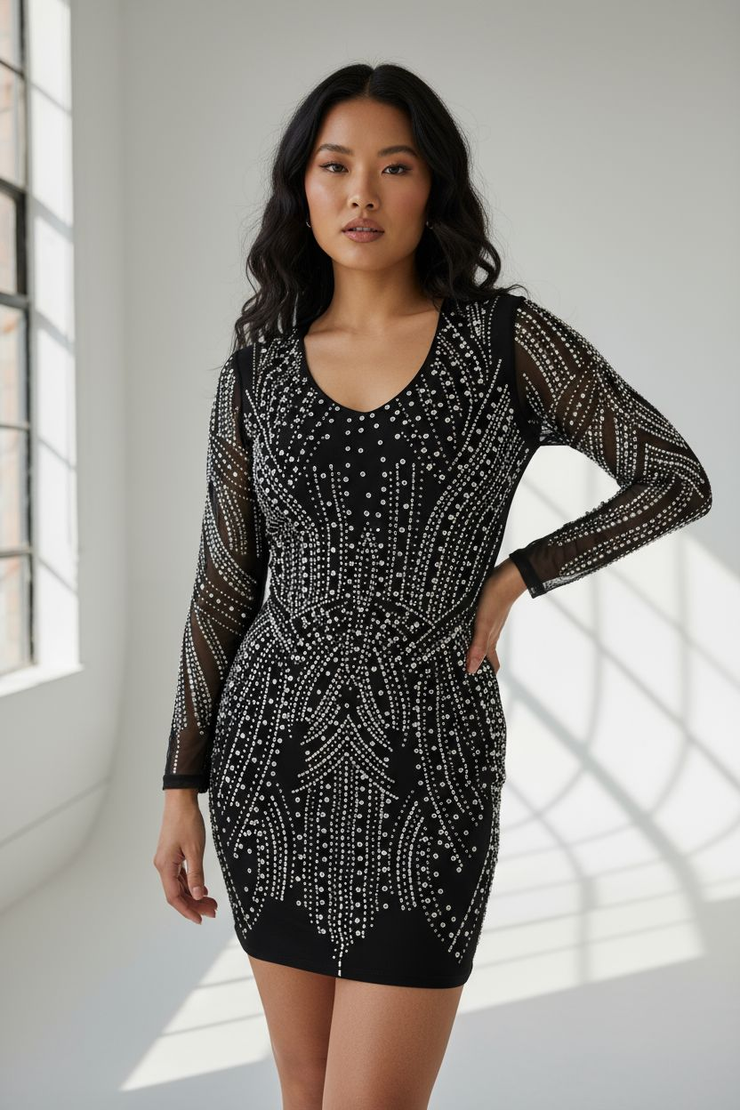 Long Sleeve Pearl & Diamante Mesh Dress