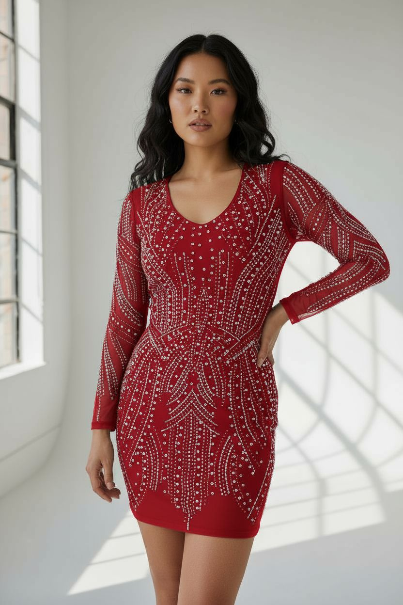 Long Sleeve Pearl & Diamante Mesh Dress