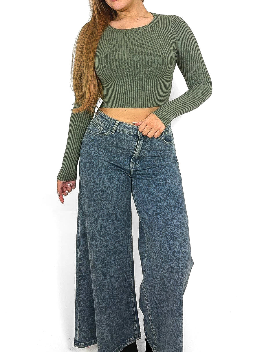 Faded Knit Ribbed Crop Sweater