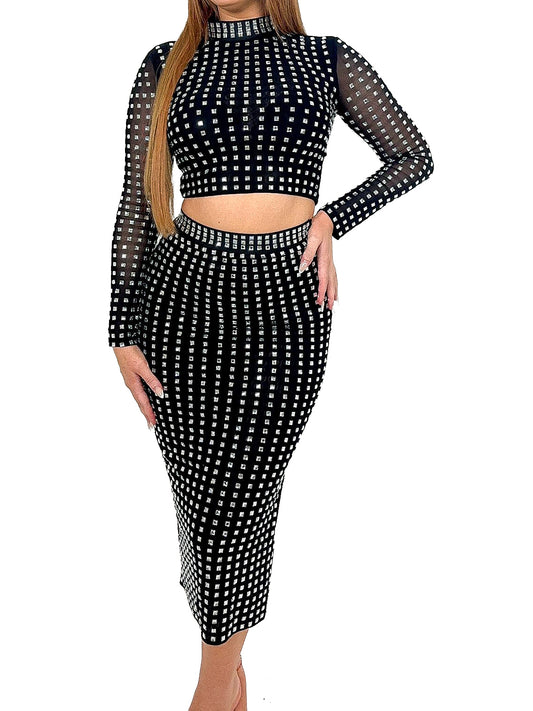 Square Diamante Mesh Top & Skirt Co-Ord