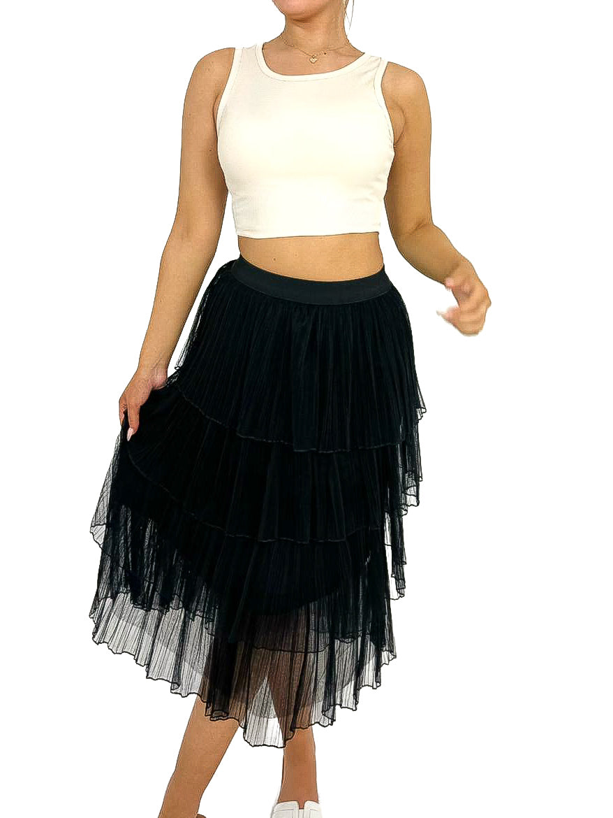 Layered Mesh Pleated Midi Skirt