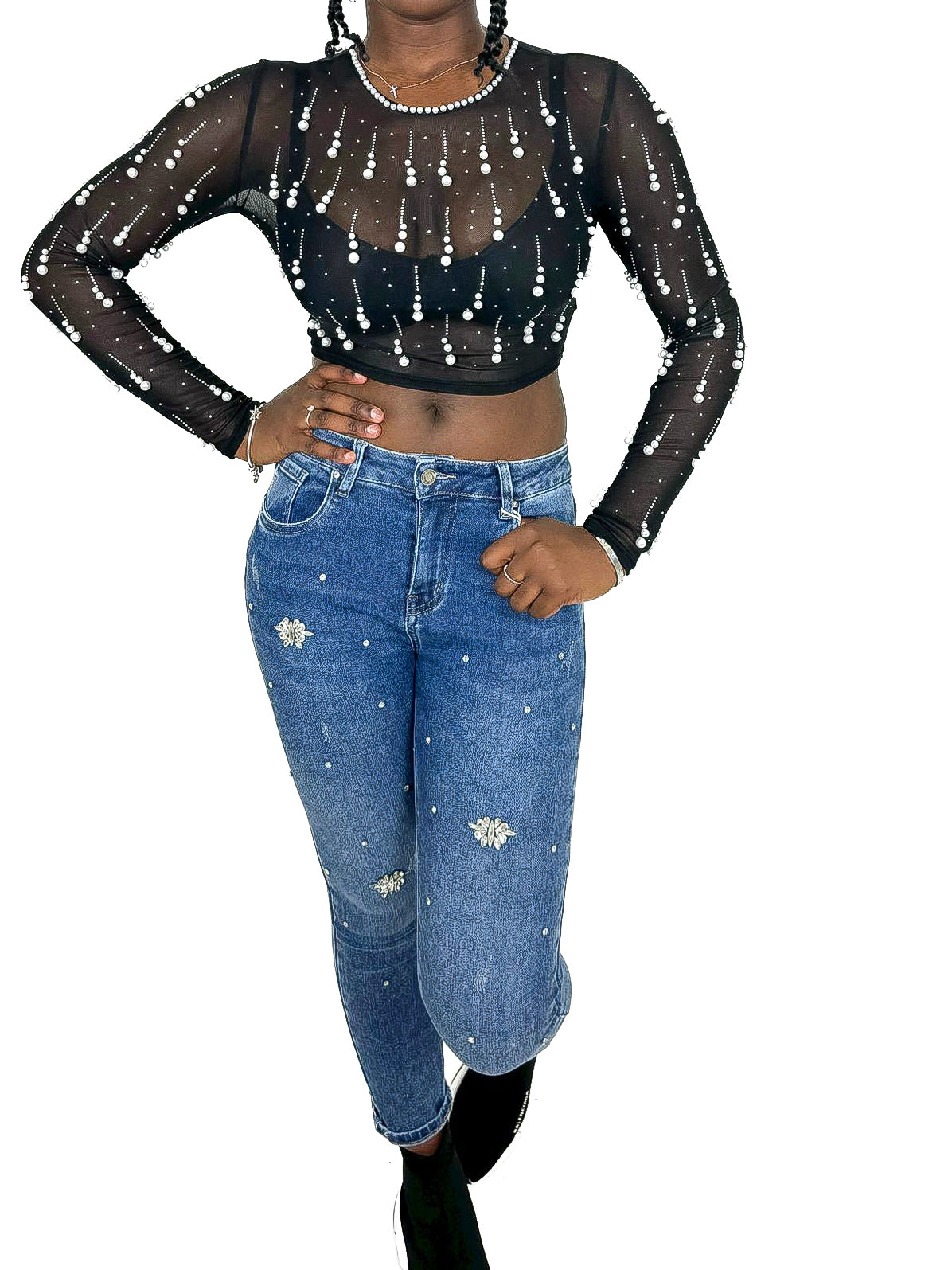 Diamante & Pearl Droplet Style Mesh Top