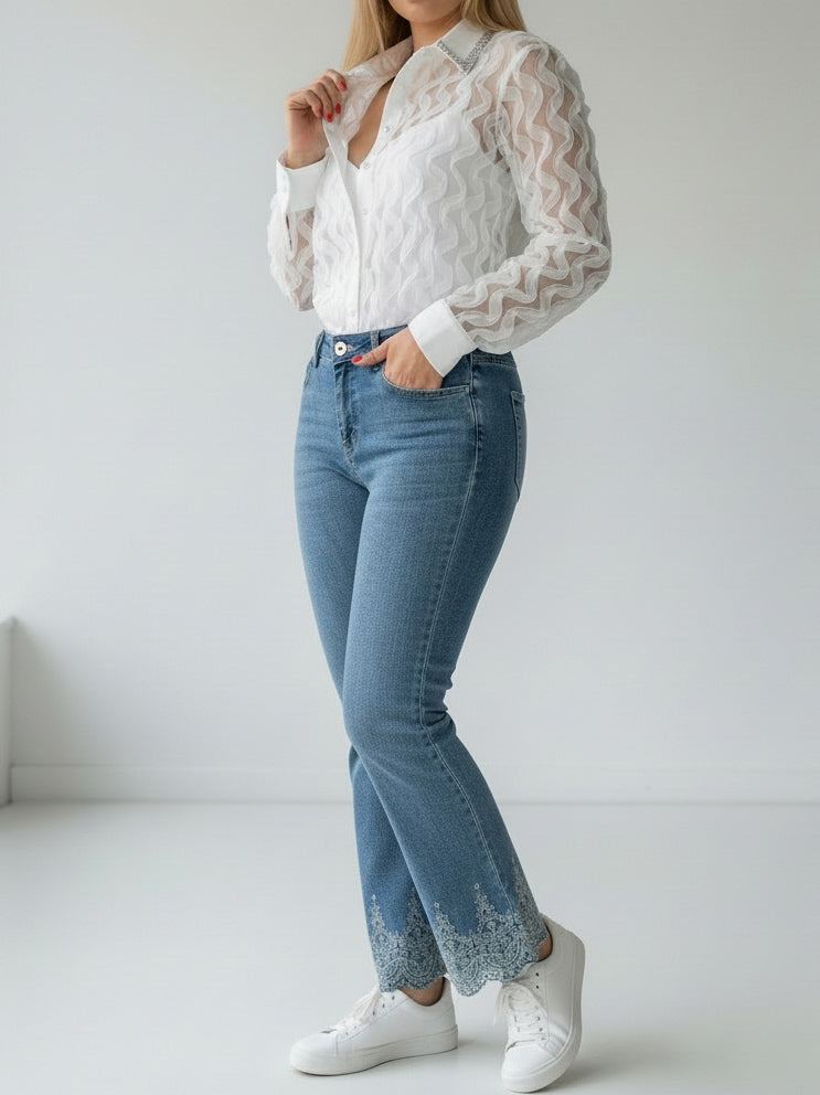 Scalloped Hem Embroidered Jeans