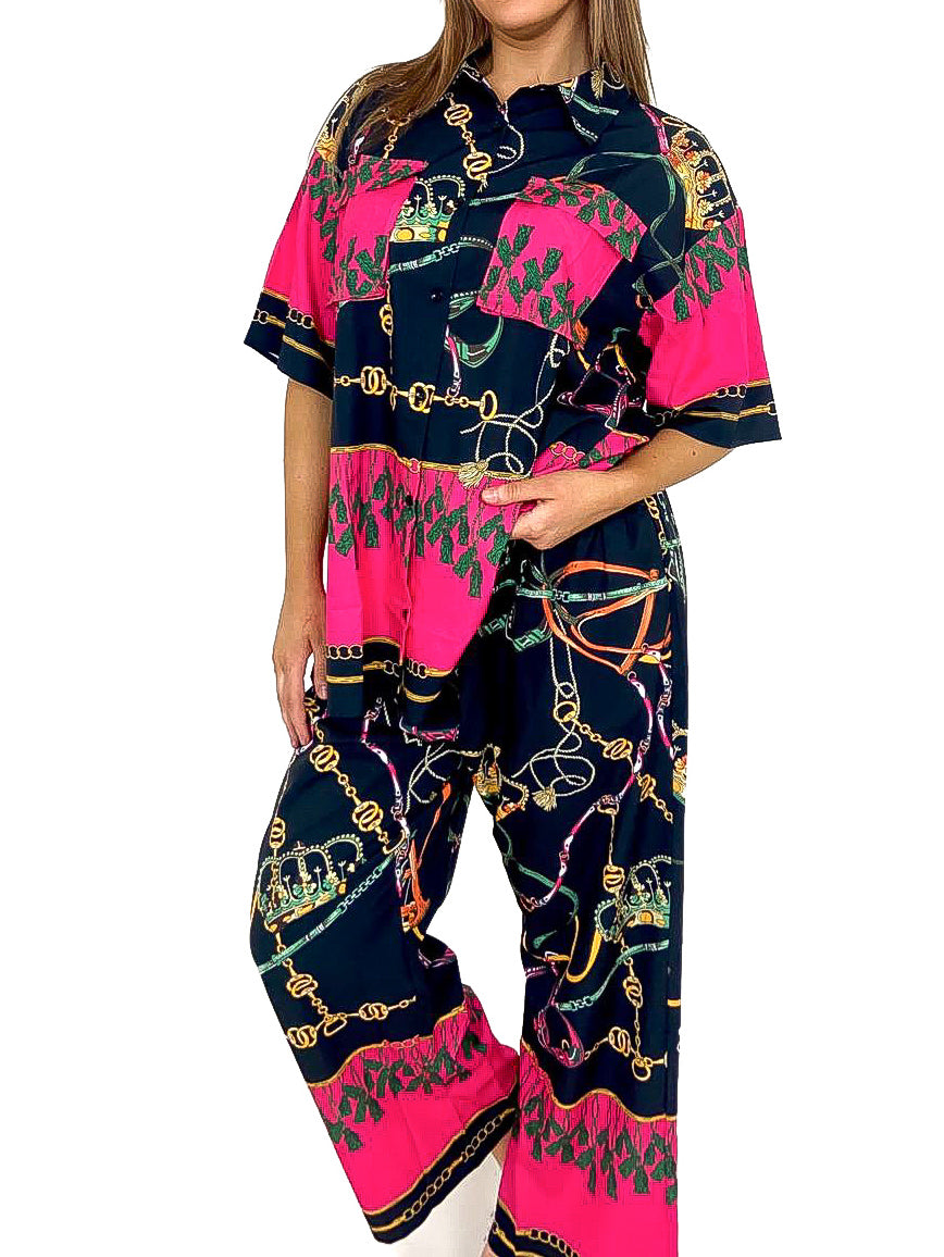 Crown Print Oversized Satin Co-Ord