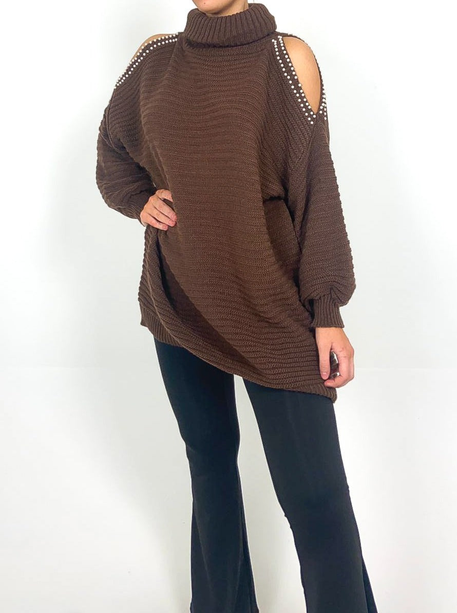 Pearl Detail Cold Shoulder Jumper