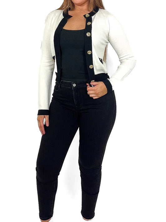 Contrast Trim Gold Button Cardigan