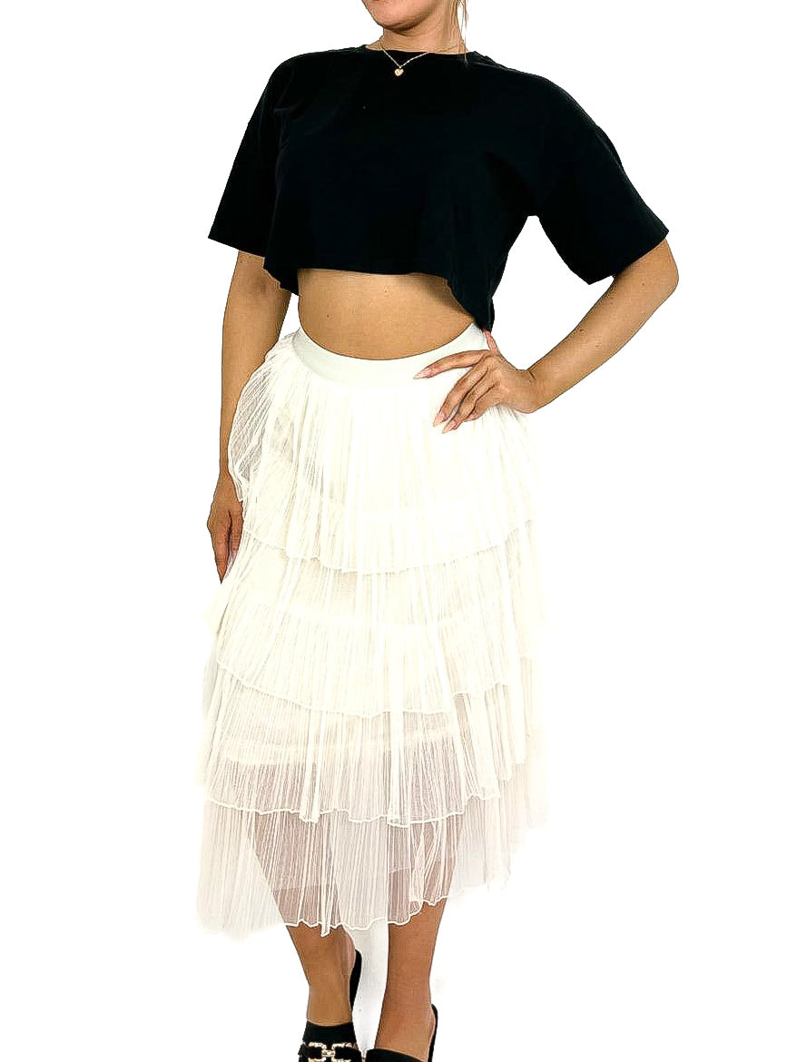 Layered Mesh Pleated Midi Skirt