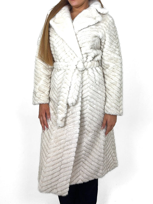 Chevron Longline Belted Faux Fur Coat