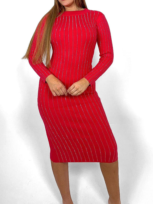 Diamante Stripe Long Sleeve Knitted Dress