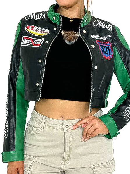 Cropped PU Racer Jacket