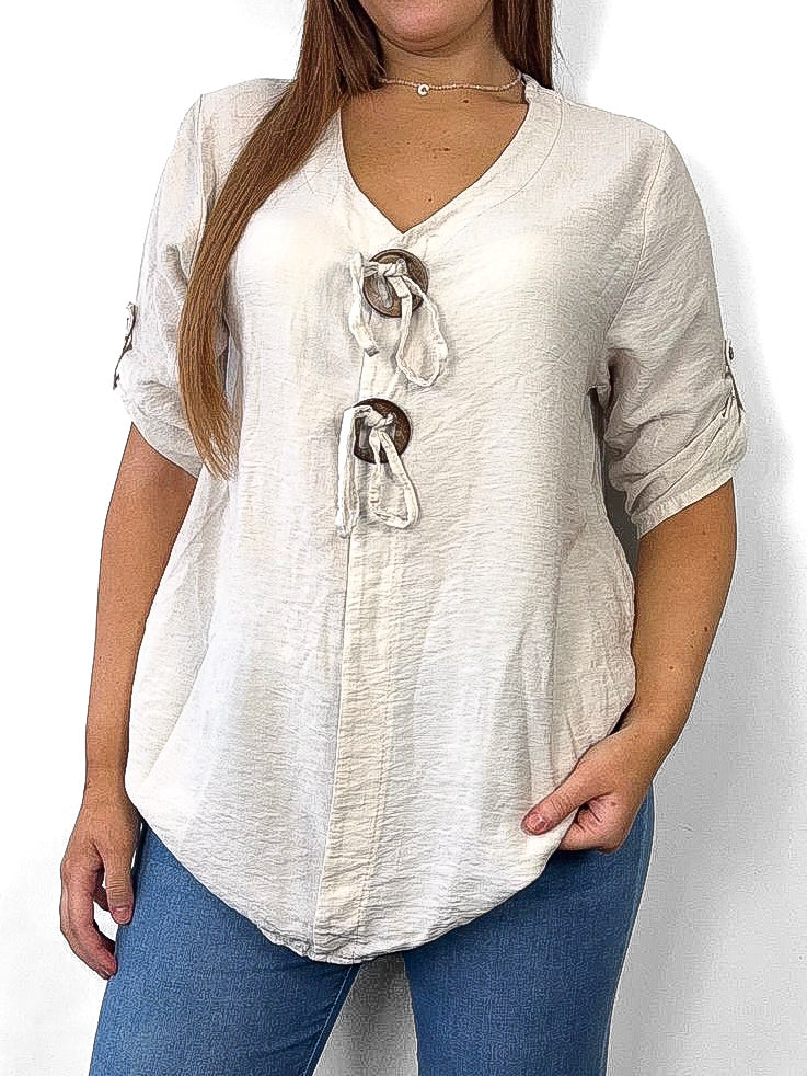 Oversized Chunky Button Linen Look Blouse
