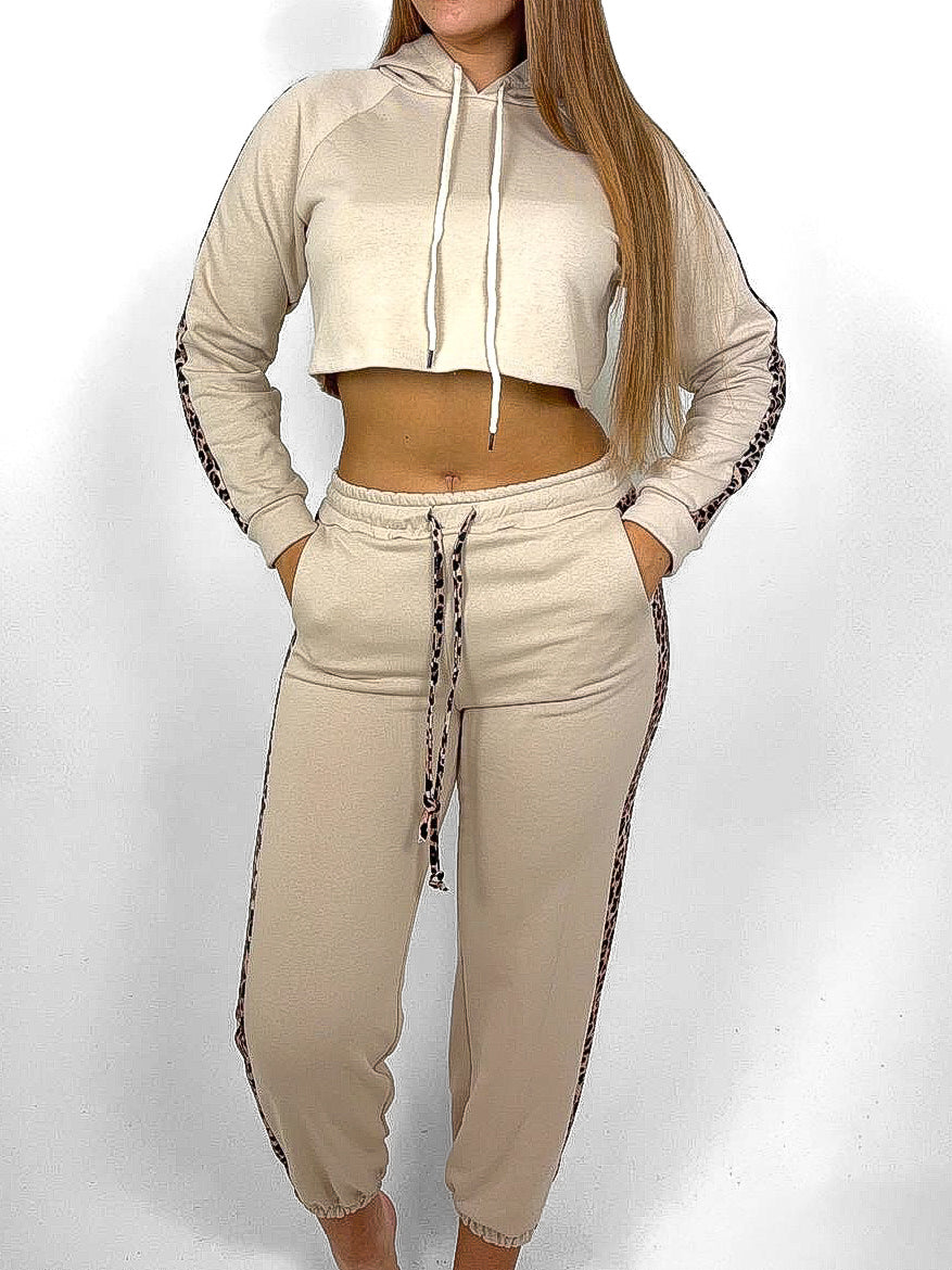 Leopard Trim Crop Hoodie Tracksuit