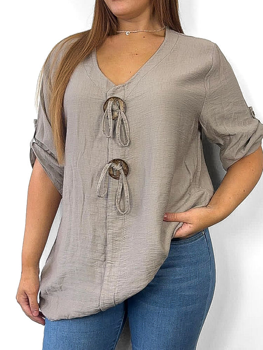 Oversized Chunky Button Linen Look Blouse