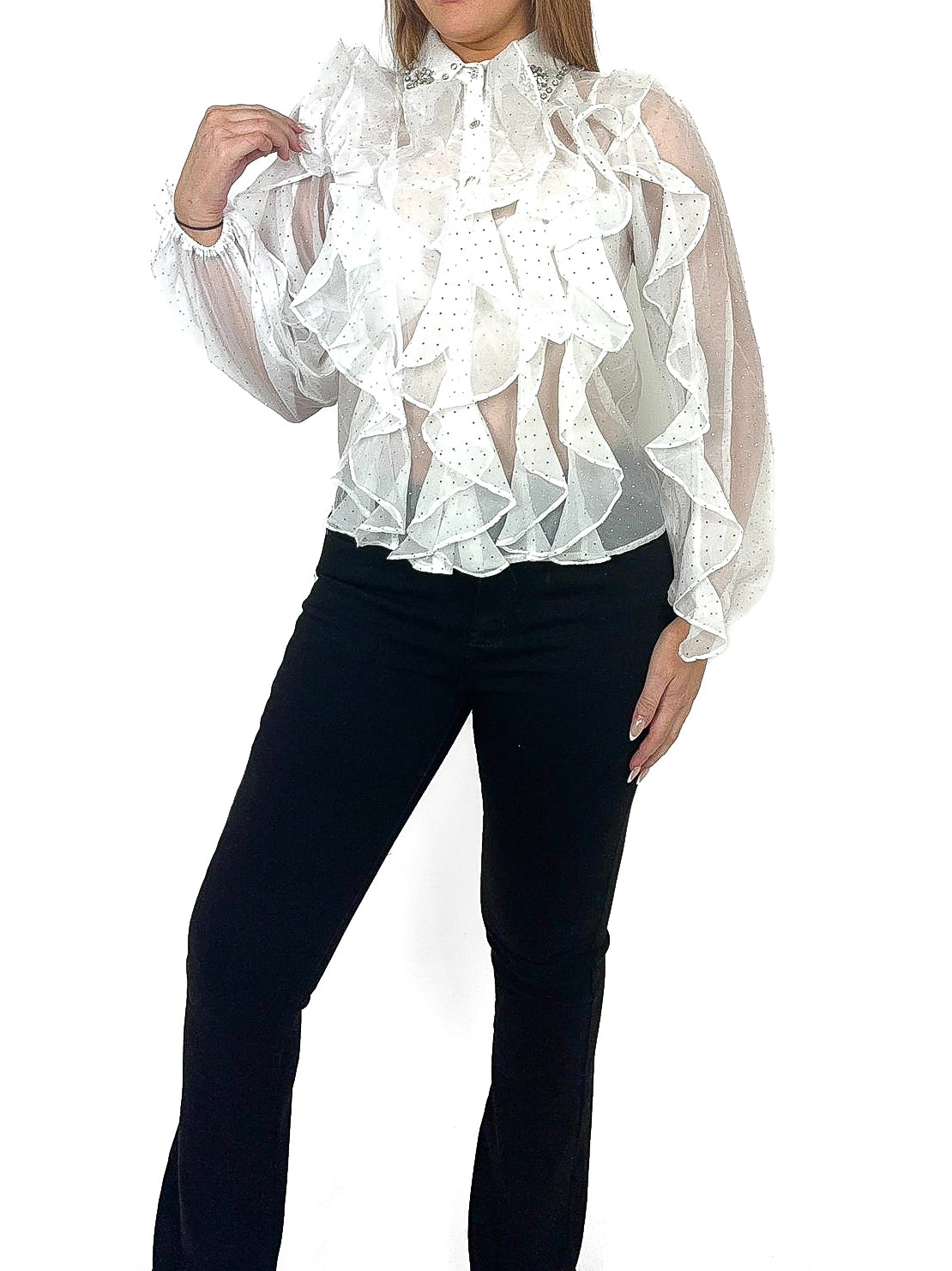 Sheer Studded Blouse With Diamante Collar