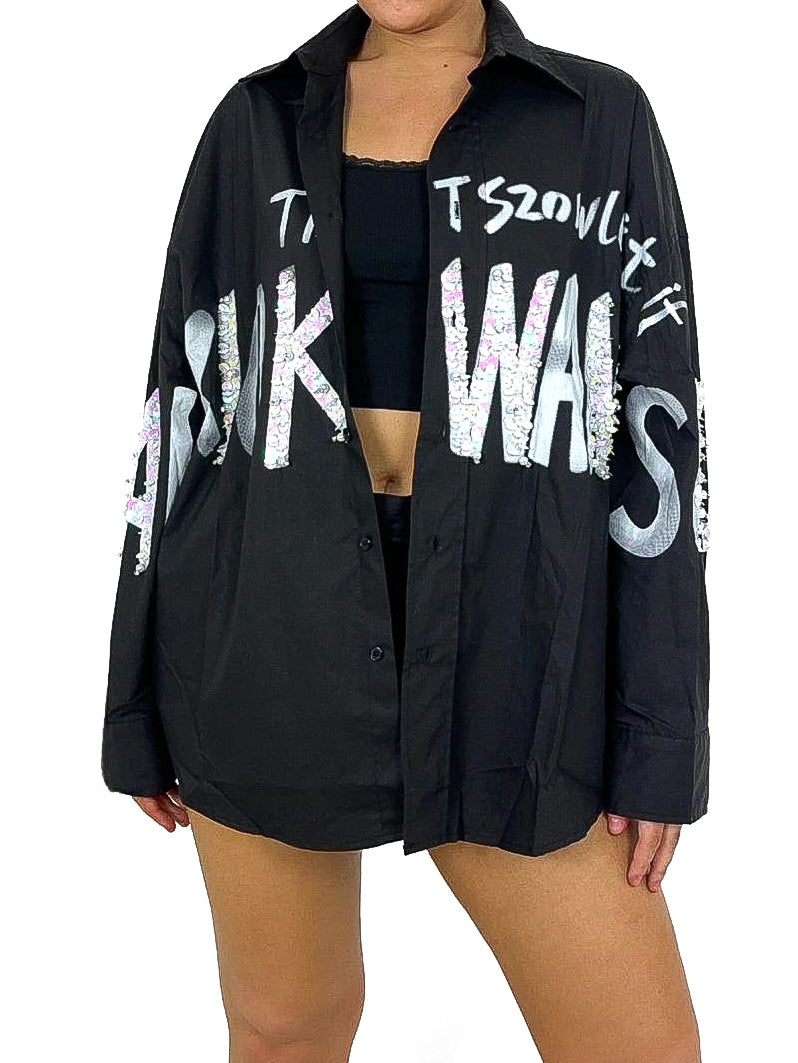 Graffiti Sequin Embellished Oversized Shirt