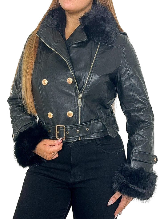 Fur Trim Gold Button PU Jacket