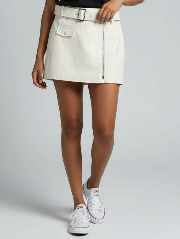 Zip Front Belted PU Mini Skirt