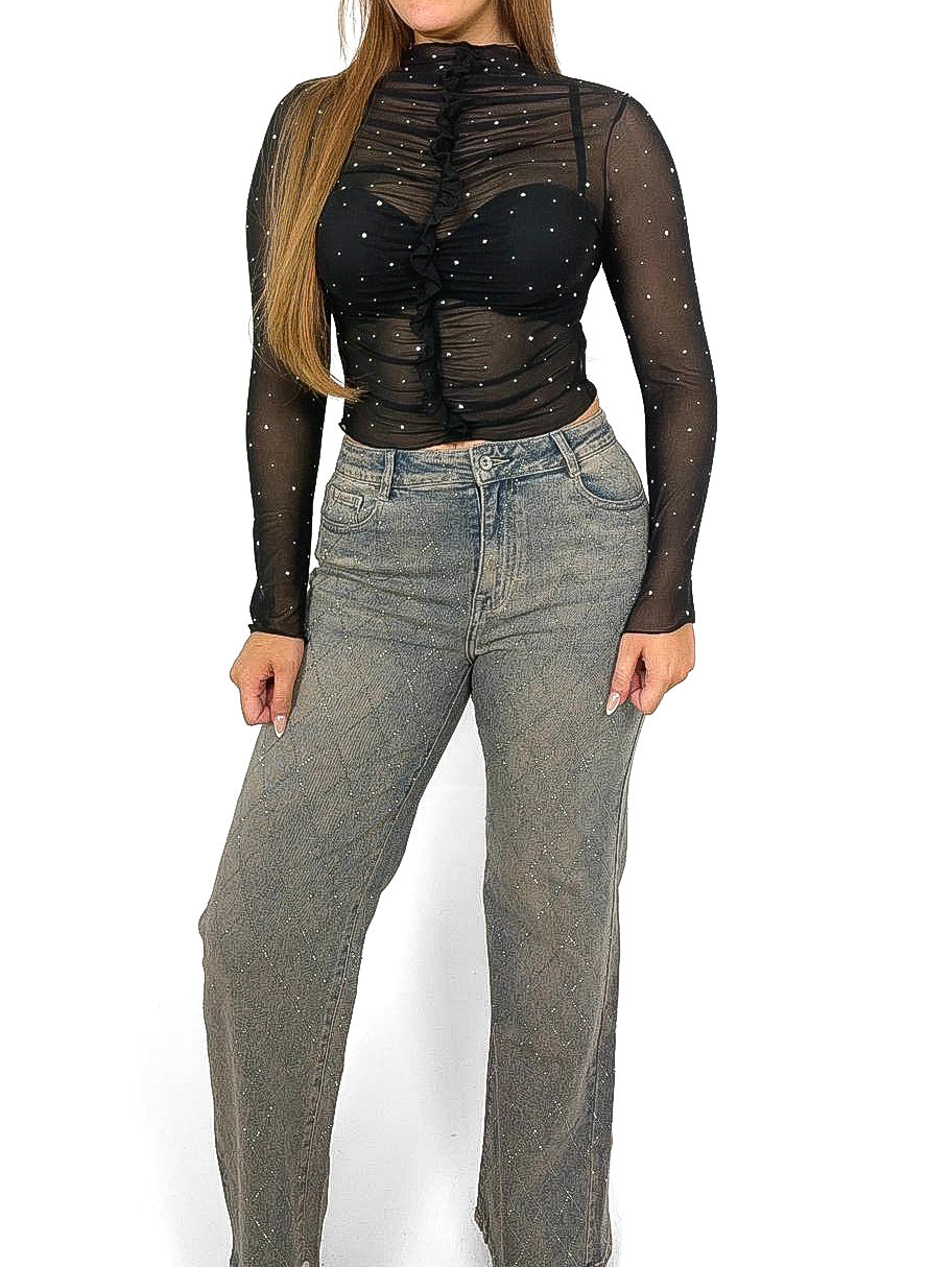 Vintage Wide Leg Criss Cross Diamante Jeans