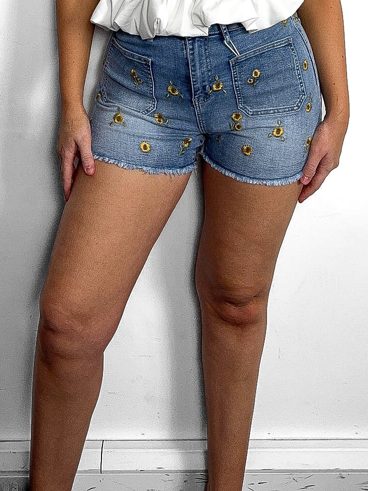Sunflower Embroidered Denim Shorts