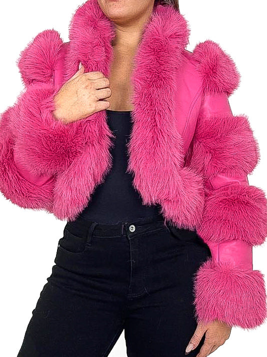 Faux Fur Trim PU Bolero Jacket