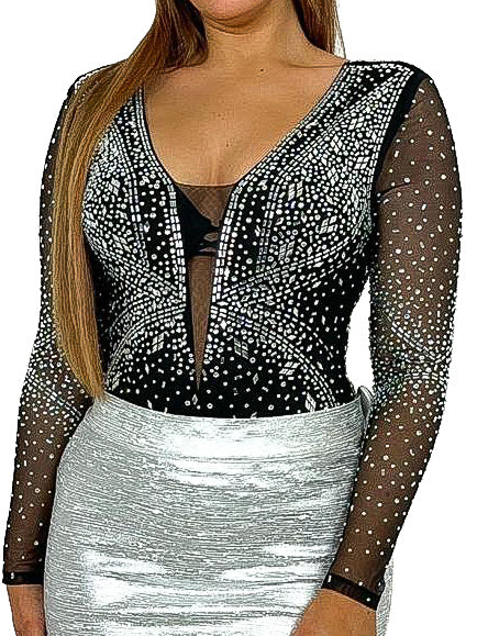 Plunging Diamante Covered Bodysuit