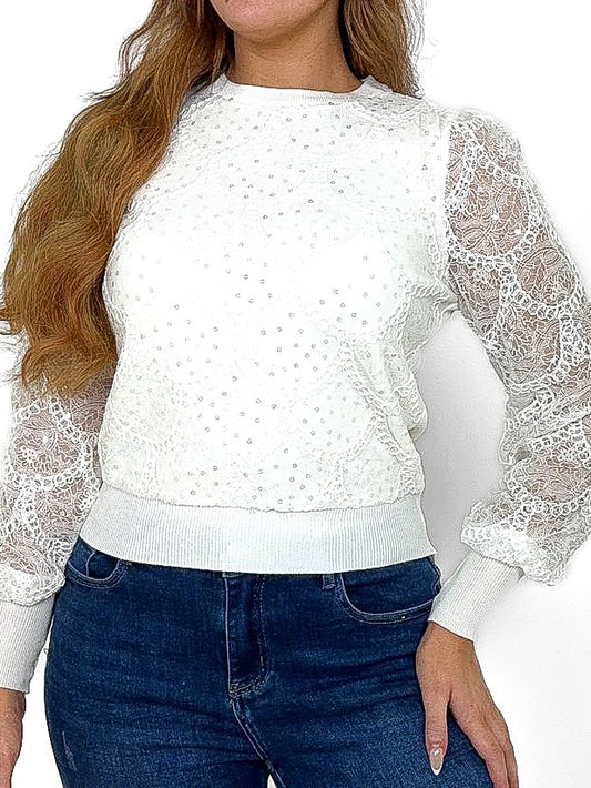 Lace Overlay Puff Sleeve Sweater