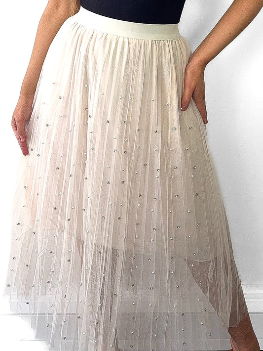 Pearl & Diamante Stud Mesh Midi Skirt