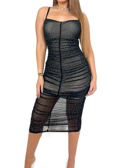 Scatter Diamante Mesh Ruche Midi Dress