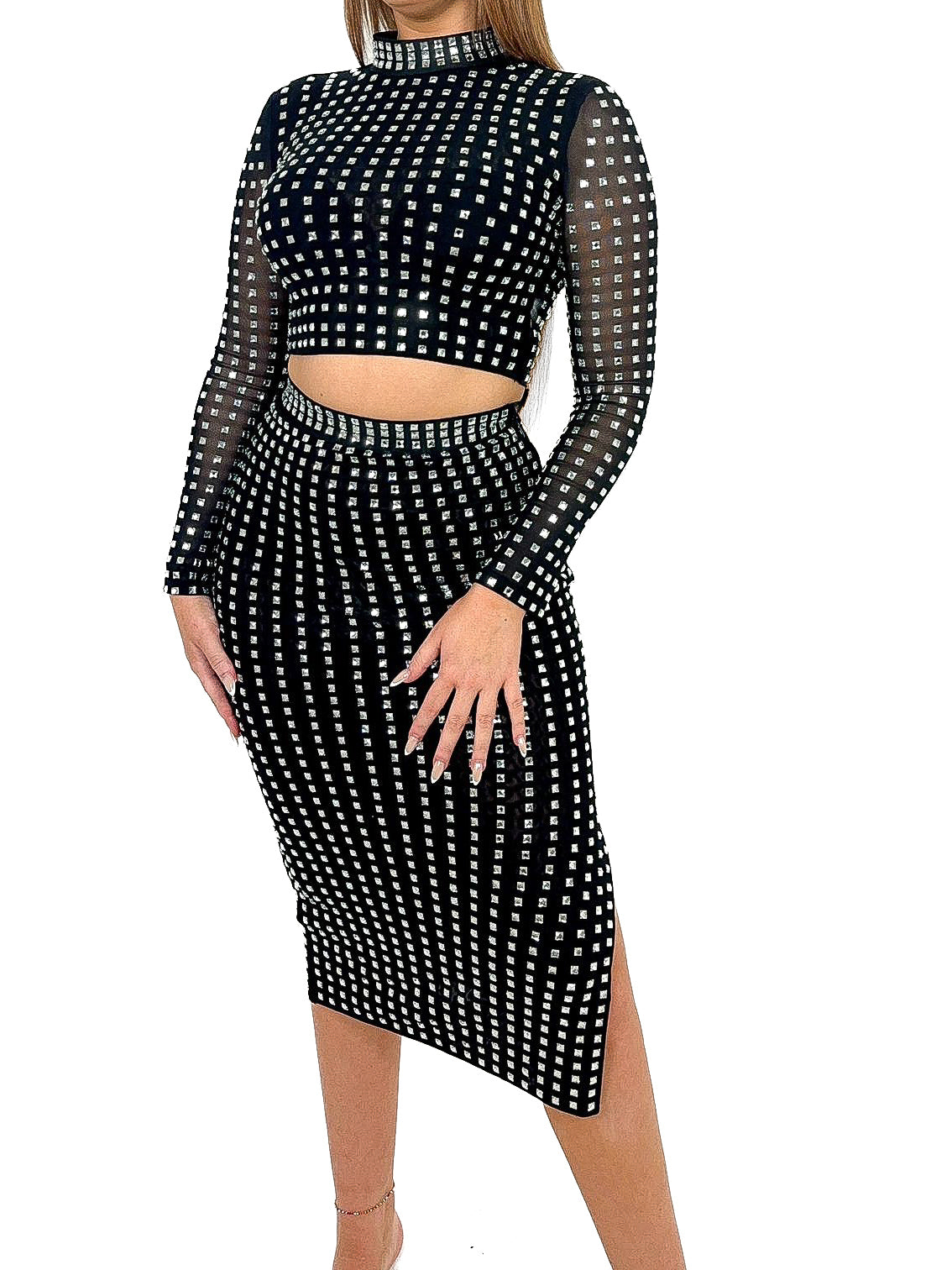 Square Diamante Mesh Top & Skirt Co-Ord