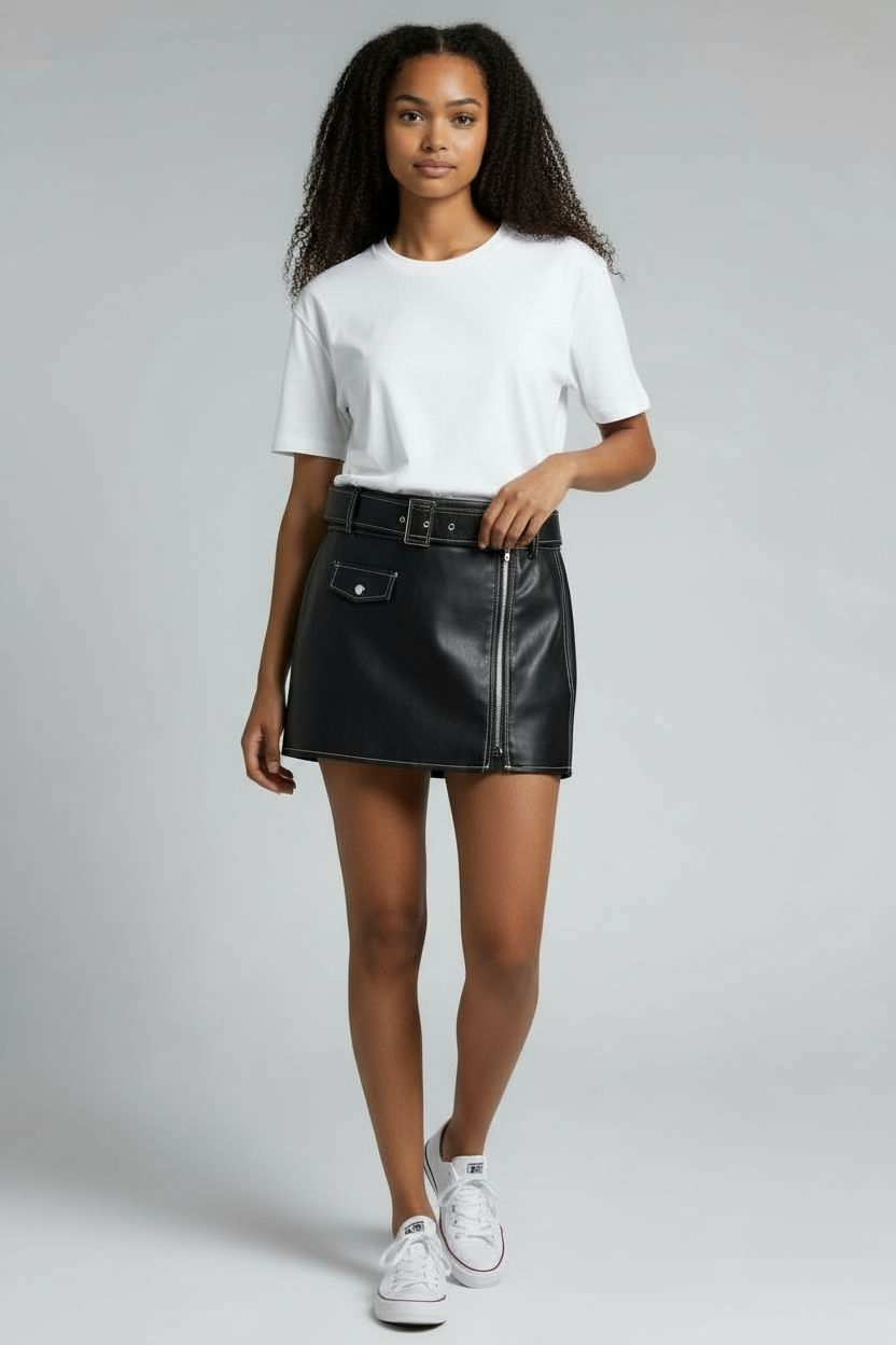 Zip Front Belted PU Mini Skirt