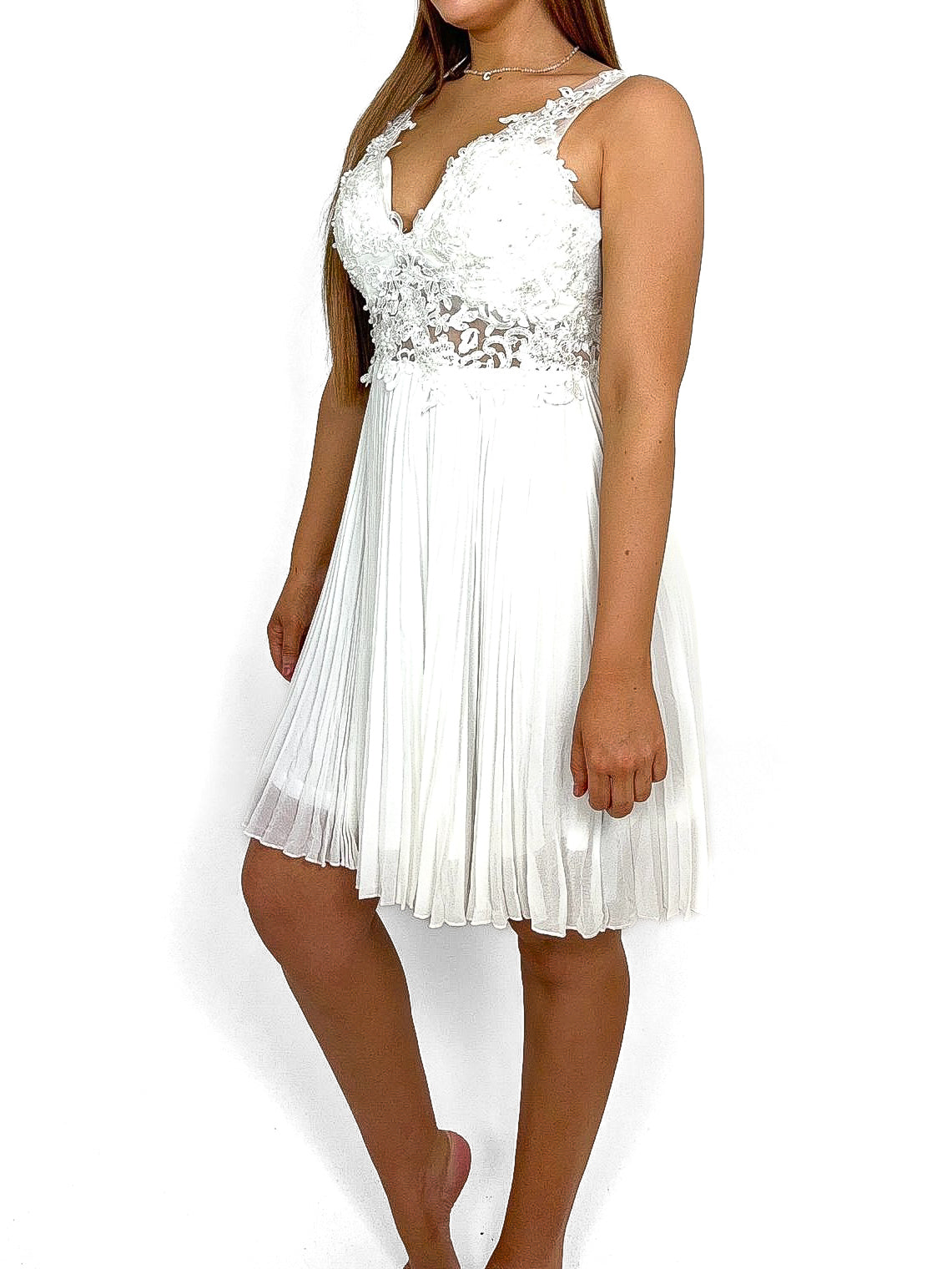 Pearl & Lace Top Pleated Skater Dress