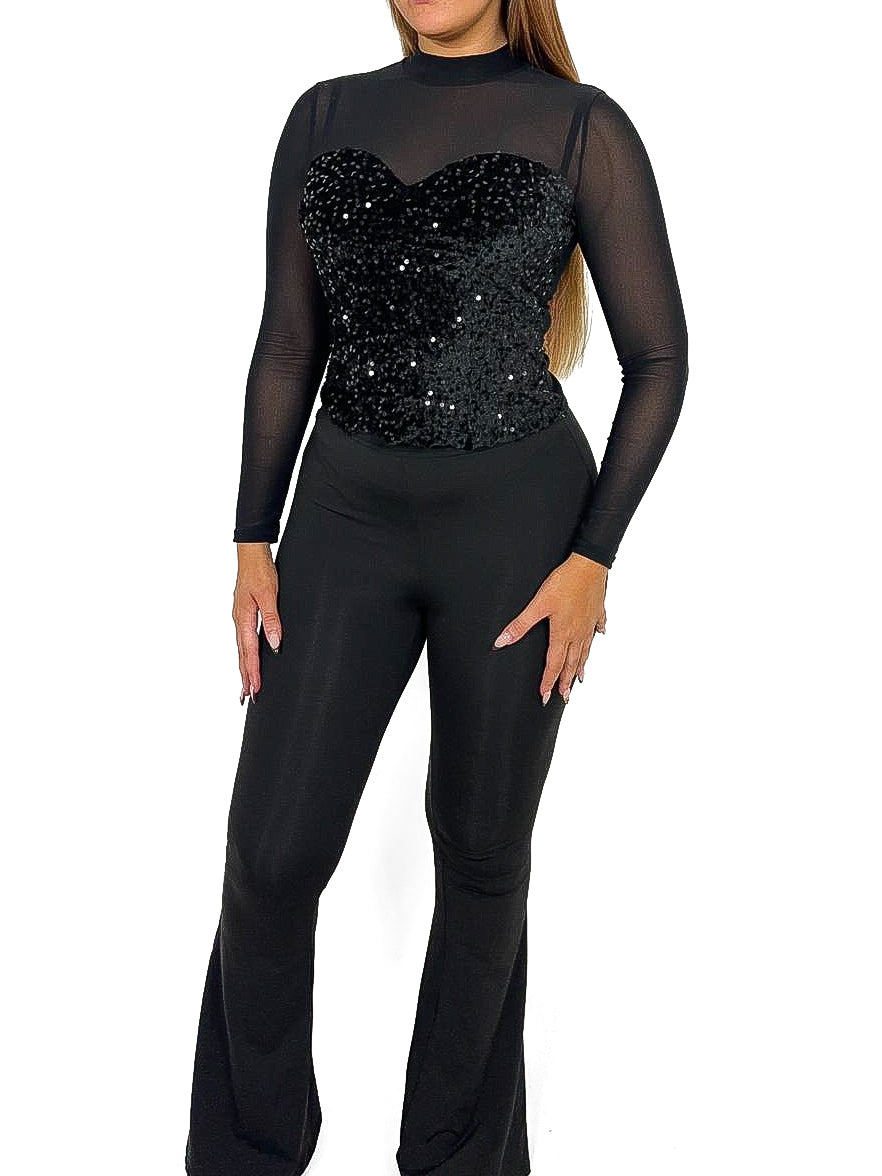 Illusion Neckline Sequin Covered Mesh Top